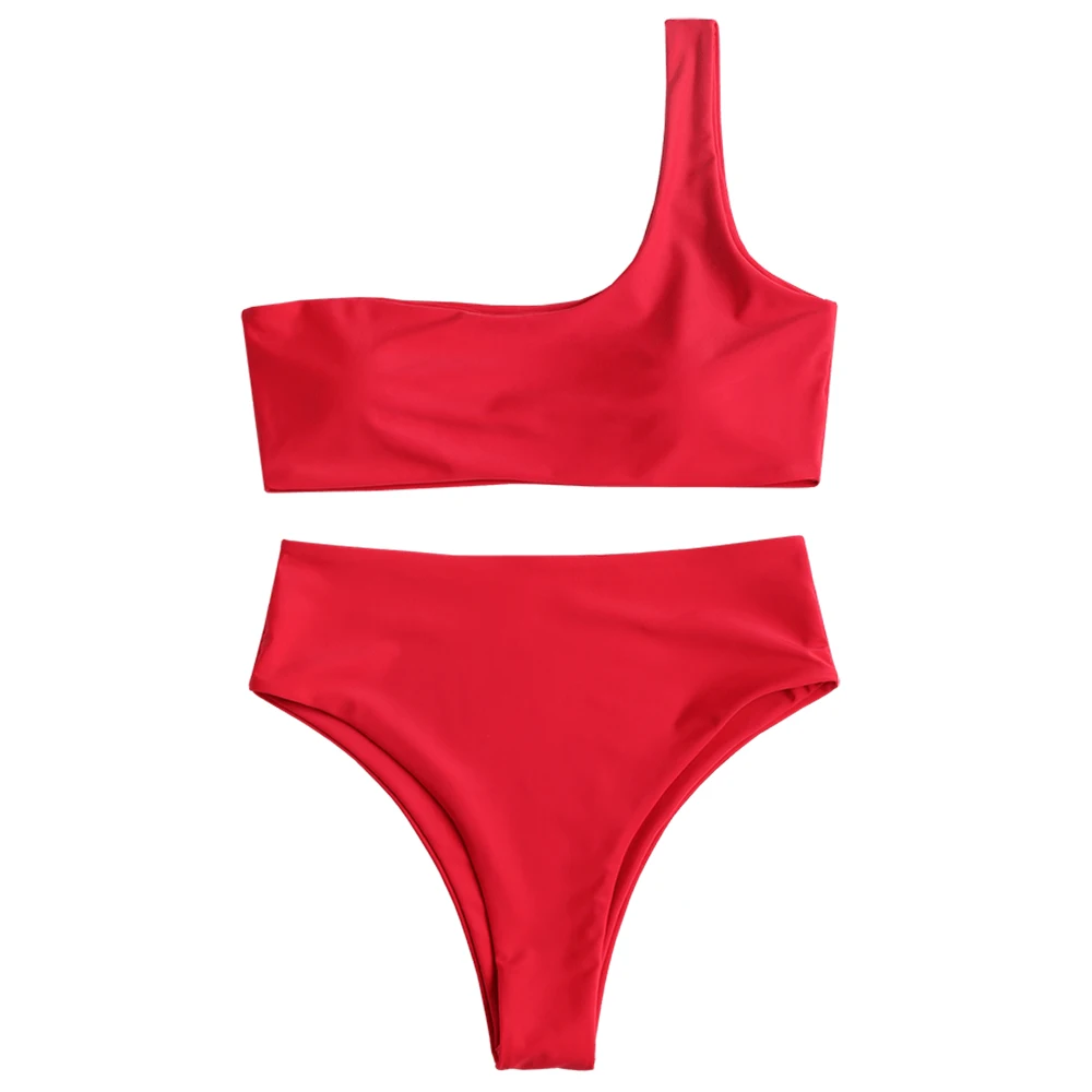 ZAFUL мягкий на одно плечо комплект бикини с высоким вырезом купальник женский