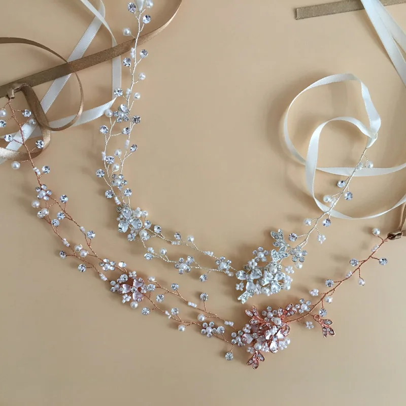 SLBRIDAL, проводное, розовое золото, стразы, Кристалл, жемчуг, цветок, свадебная повязка на голову, свадебные волосы, лоза, аксессуары для волос, подружки невесты, для женщин