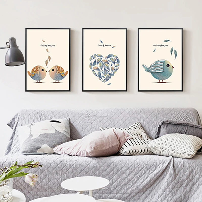 Женская винтажная картина с милыми мультяшными птицами холст Художественная