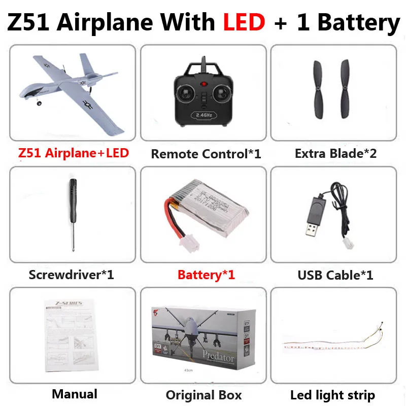 Z51-LED 1B Box Z51 2,4 ГГц RC самолет с светодиодный воздушное судно в EPP Поролоновый бросок размах крыльев самолет-планер 20 минут Fligt время RTF детские игрушки - Цвет: Z51-LED 1B Box