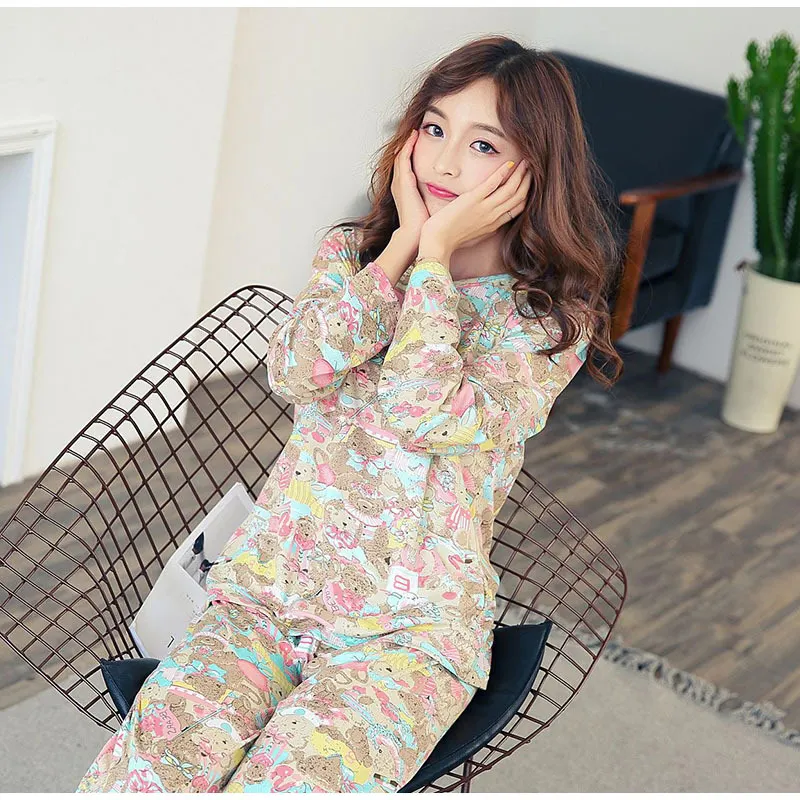 Для женщин длинный рукав мультфильм печати рубашка брюки 2-piece Pajama Set пижамы Homewears женский осень Милые комплекты Для женщин