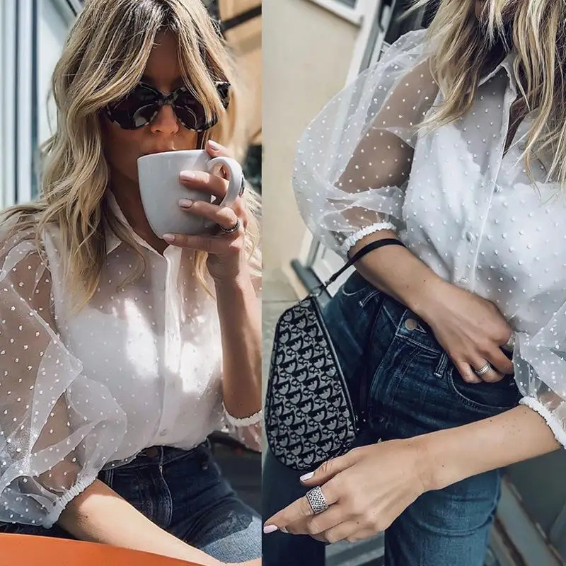 Блузки с пышными рукавами женские 2019 летние винтажные сетчатые топы в горошек