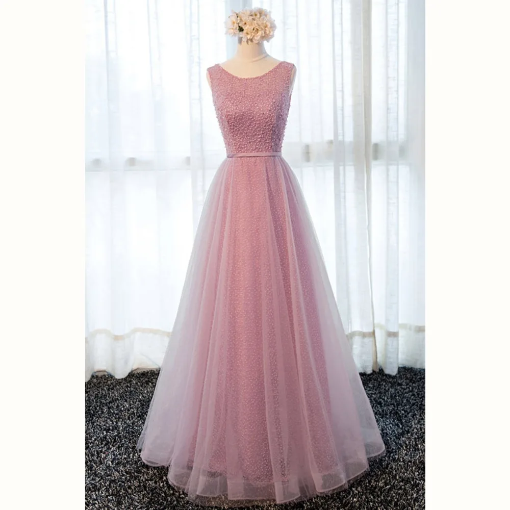 

High Quality wedding guest dress Deep Scoop Pink Lace-Up Full-Length Natural Illusion bridesmaid dresses