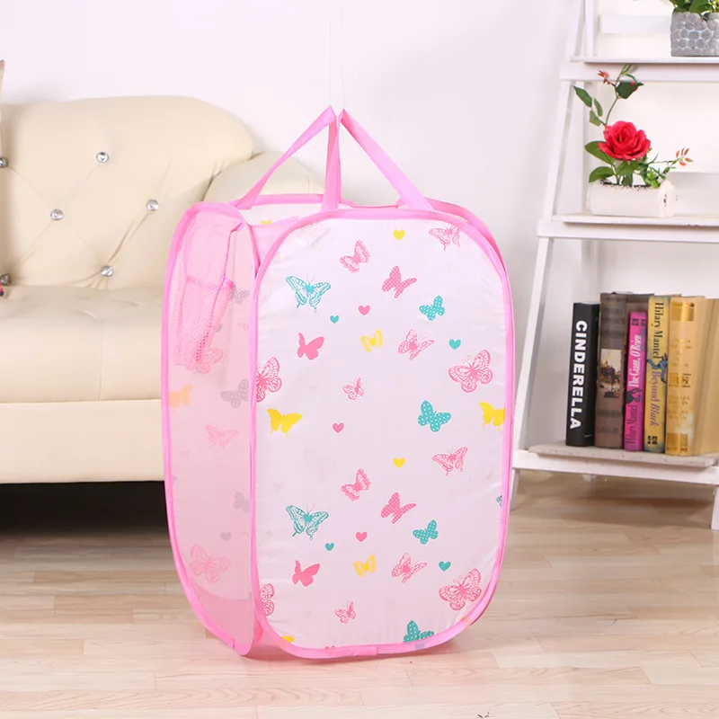 2 mesh pink Foldable Pop Up Laundry Basket Washing Clothes Bag Hamper Nylon Mesh Storage Basket - Цвет: 2 mesh pink