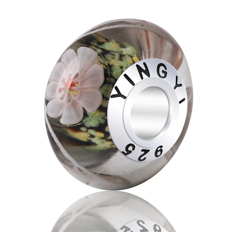 5pcs New Style Free Shipping Rose Flower Glass Beads With 925 Sterling Silver Tube For Women Bracelet Necklace DIY Accessories | Украшения