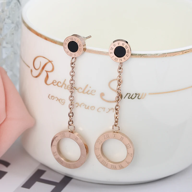 Fashionable Stainless Steel Rose Gold Color Roman Number Figure Round Dangle Tassel Earrings Korean Long Earring | Украшения и
