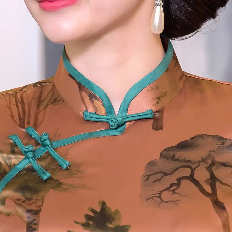 

Traditional Chinese Style Blouse Skirt Sets Women Silk Short Sleeve Shirt Mandarin Collar Clothing Summer Flower Plus Size S-4XL