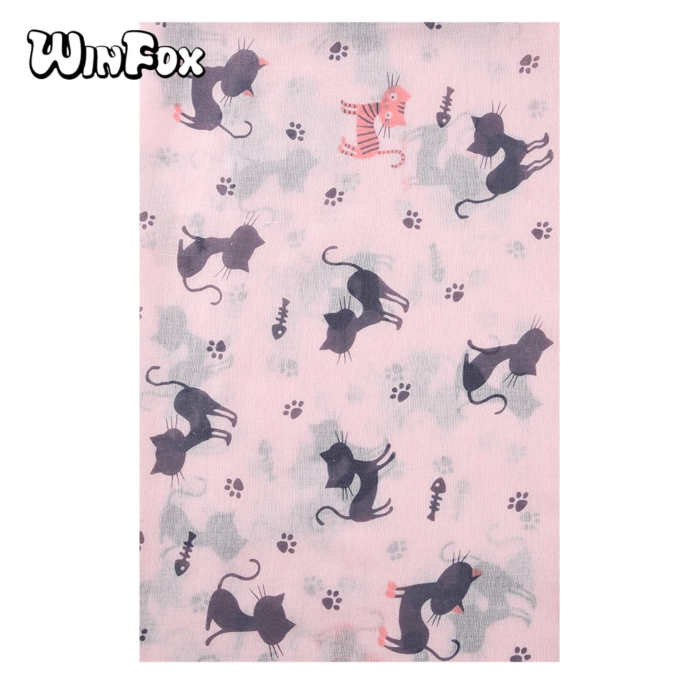 Winfox Kawaii Cat Paw Fish Шарф серый розовый женский с животным принтом мягкие длинные
