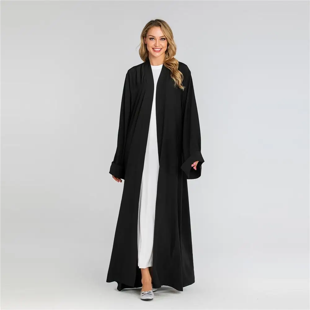New Open Front Cardigan Dubai Kimono Abaya Maxi Dress Muslim For Women Solid Color Long Sleeve Arab Robe Gown Middle East Dress