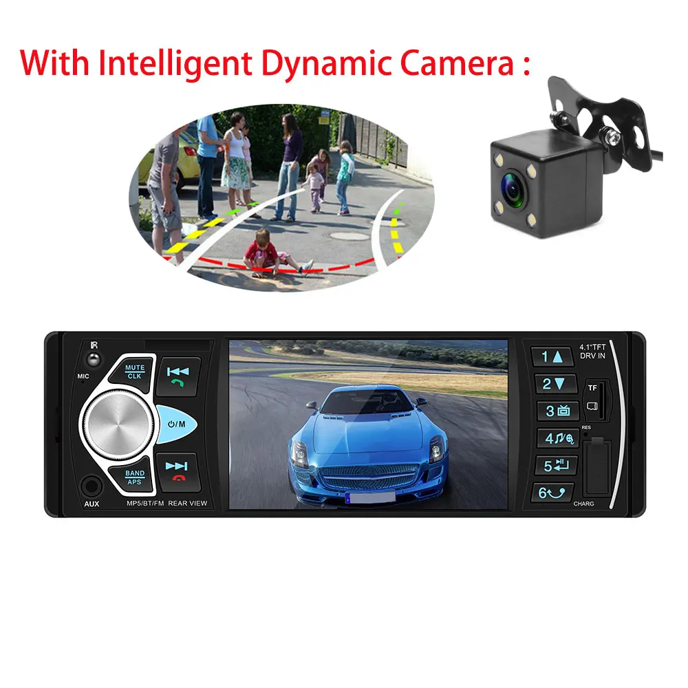 Podofo 4,1 ''Автомагнитола 1 din аудио стерео авторадио FM Bluetooth рулевое колесо дистанционное управление радио кассетный плеер автомагнитолы - Цвет: With Dynamic Camera