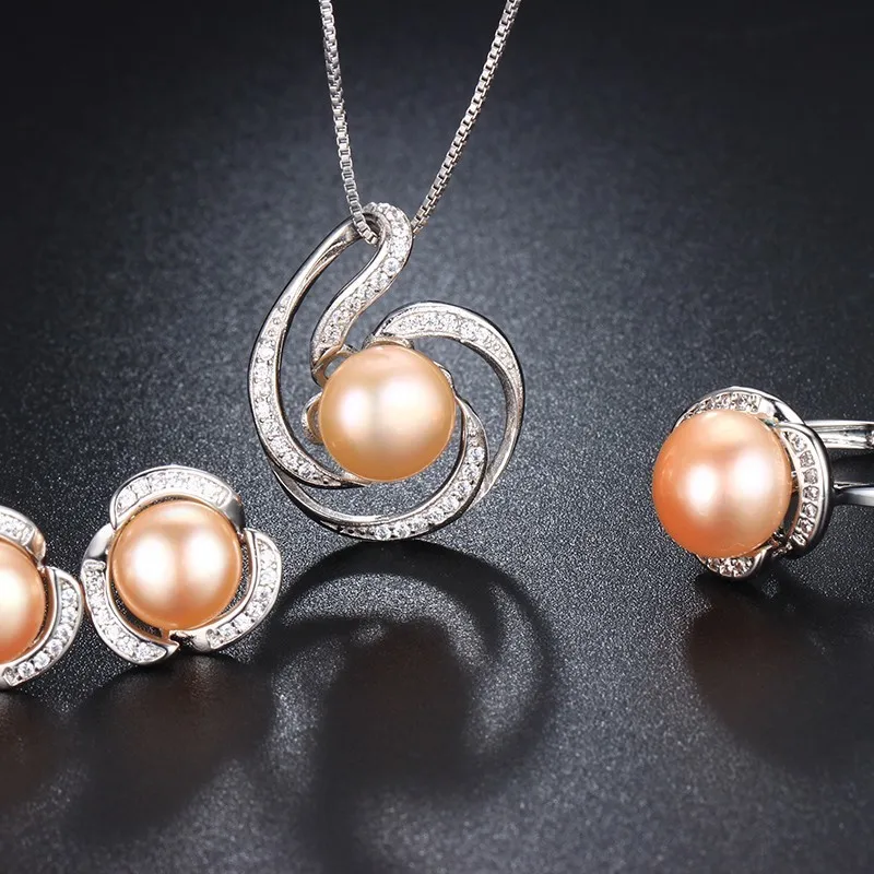 HENGSHENG Genuine Natural Pearl Women Jwelery Set Necklaces&Pendants&Earrings&Ring Big Bread Round with Zircon Flower| |