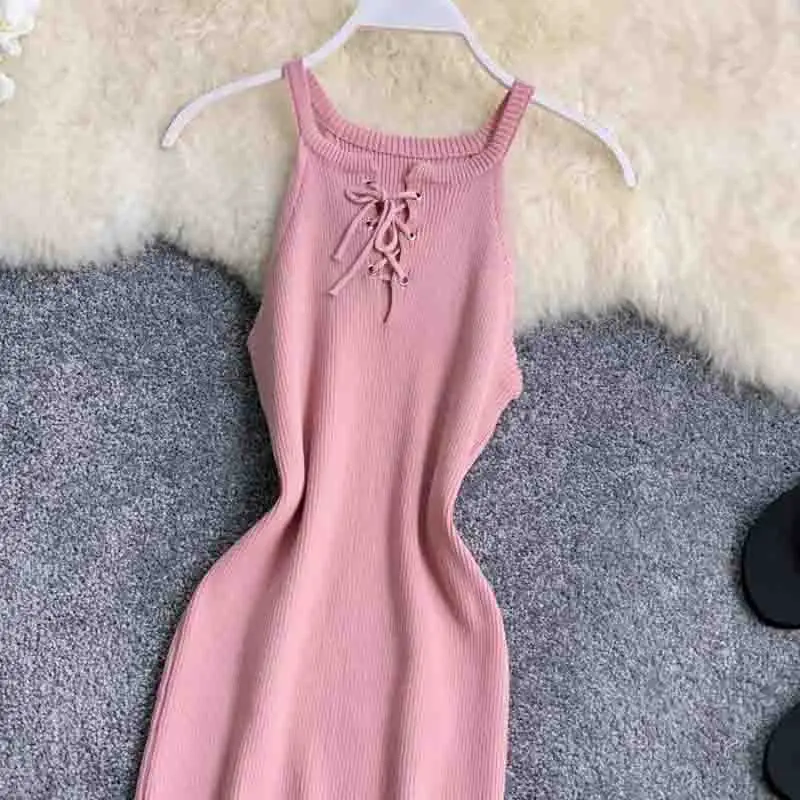

Women Bodycon Dress Korean Fashion 2019 Sleeveless Spaghetti Strap Sexy Slim Knitted Dresses Bandage High Elastic Summer Vestido
