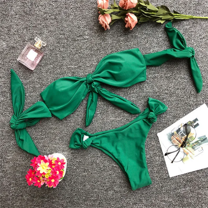 Новинка 2018 Женский комплект бикини с короткими рукавами бантиком однотонный пуш