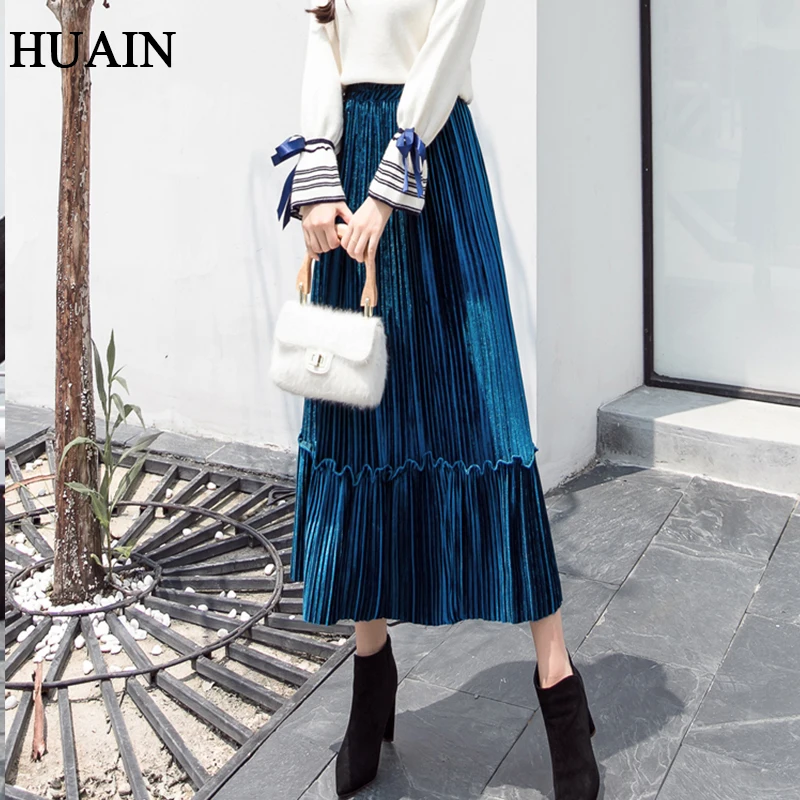 Casual Women Pleated Skirt Korean Fashion Fitness Midi Autumn 2018 New Solid Colour Ruffles Vintage Office Ladies Clothing | Женская