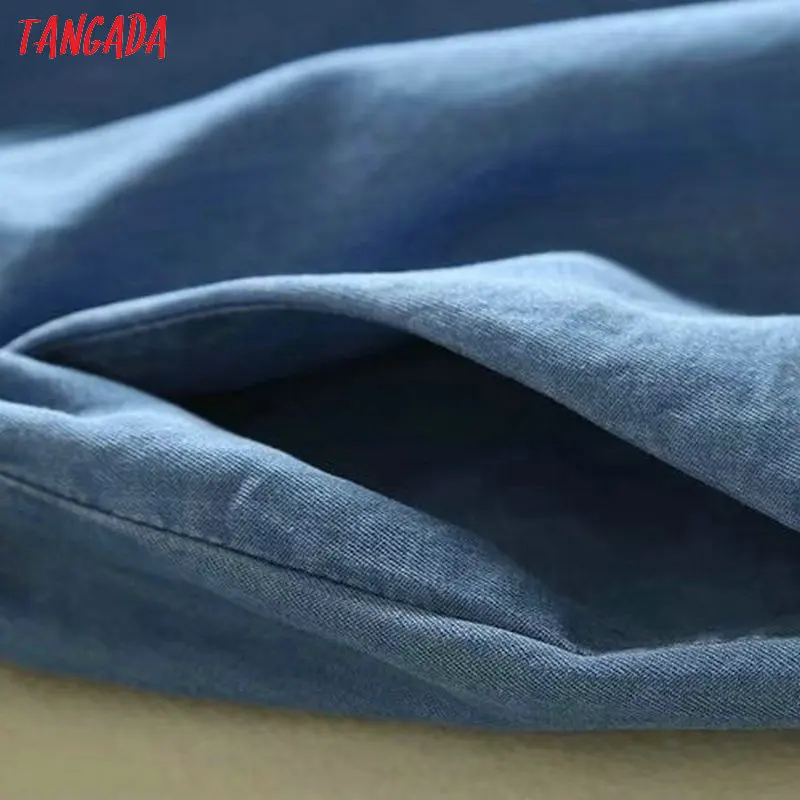 Tangada модное женское джинсовое платье с вышивкой, жемчужное платье с круглым вырезом и коротким рукавом, женское синее платье-рубашка с поясом, vestidos 2P09