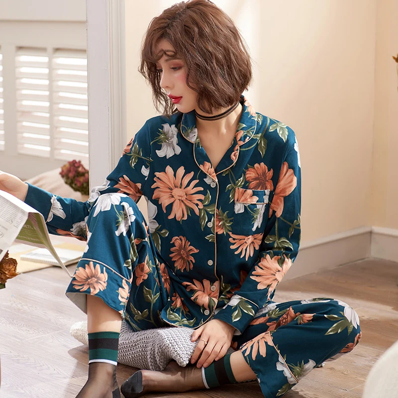 Autumn Winter 100%Cotton Floral Warm Women's Long Sleeve Pajamas Set Turn-down Collar Cardigan Big Size M-XXL Female Clothing | Женская