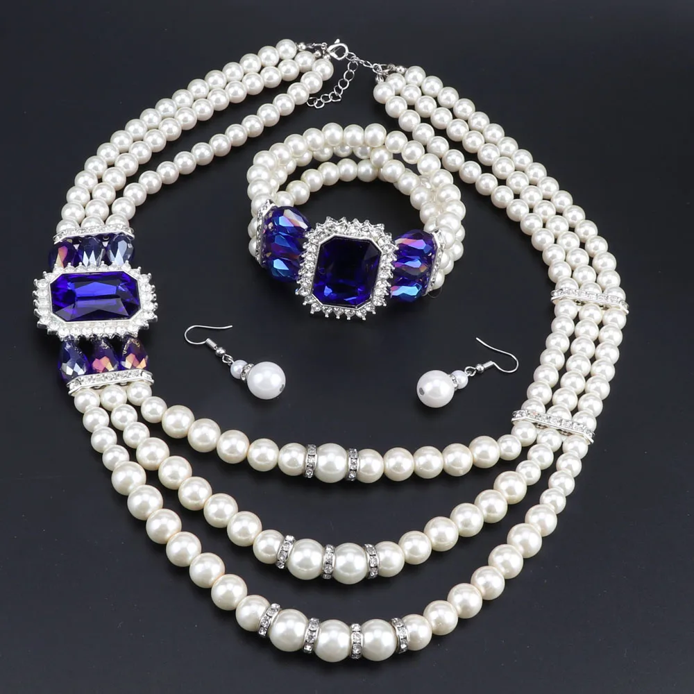Бренд Реплика индийские жемчужные ювелирные изделия Schmuck набор Дубай подарок свадебный набор ожерелье браслет серьги без минимального заказа - Окраска металла: blue2