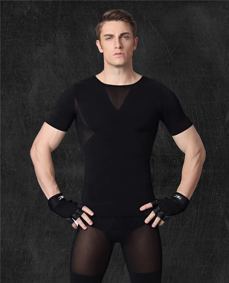 sleeves black Тонкая футболка PRAYGER для коррекции фигуры, мужской гинекомастический корсет, для похудения, для живота, триммер для талии, для тренировок, топы, для груди, связывающее нижнее белье - Цвет: sleeves black