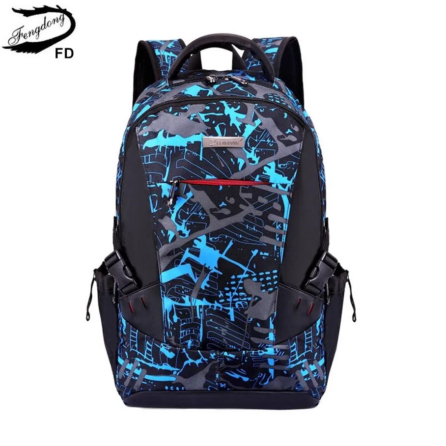 Blue Pattern FengDong школьные ранцы для мальчиков, водонепроницаемый Камуфляжный школьный рюкзак для мальчиков, мужской рюкзак для путешествий, рюкзак для ноутбука 15,6, Прямая поставка - Цвет: Blue Pattern