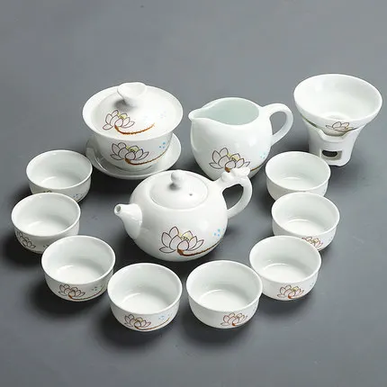 Семейная офисная керамика GaiWan полный набор белый фарфоровый Лотос чехол чайный