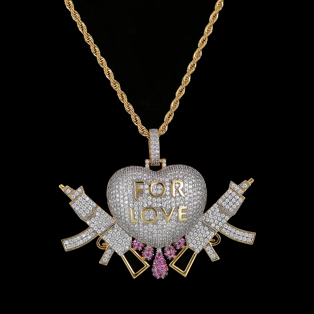 Хип хоп AAA CZ камни выложены Bling Ice Out Gold Forever Lover Heart AK 47 кулоны с оружием ожерелье для
