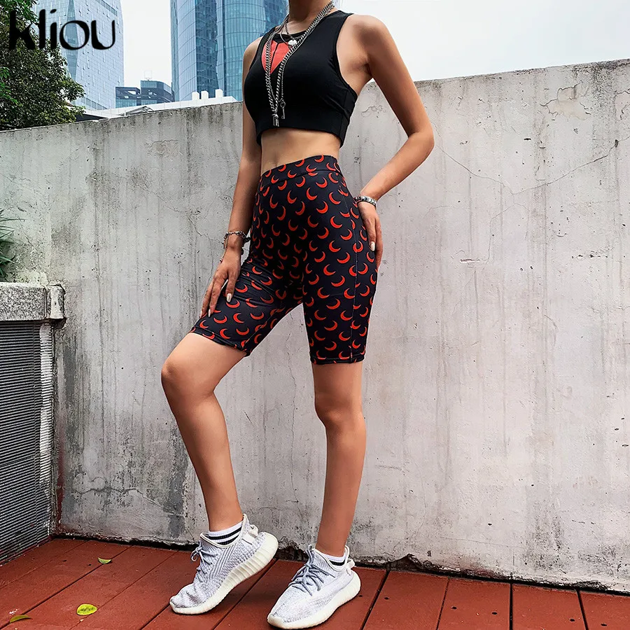 Kliou women skinny shorts elastic high waist fitness short print trousers summer female casual fashion street short pants
