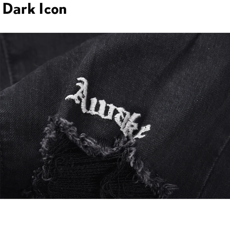 Мужские джинсы с вышитыми буквами DARK ICON рваные облегающие манжетами на коленях