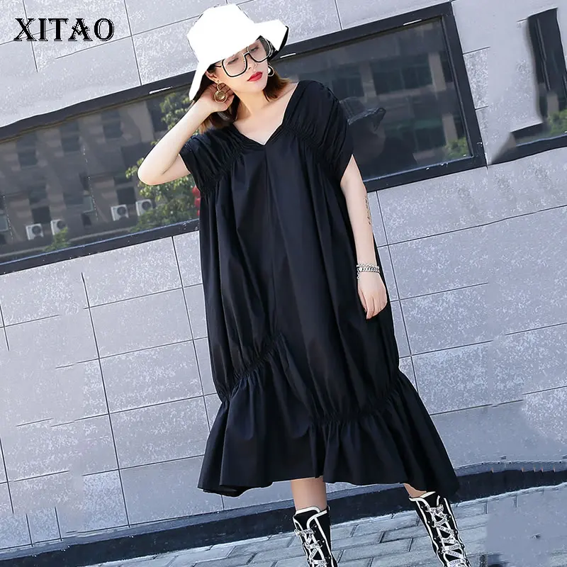 XITAO с открытыми плечами черное платье миди для женщин Нерегулярные корейские