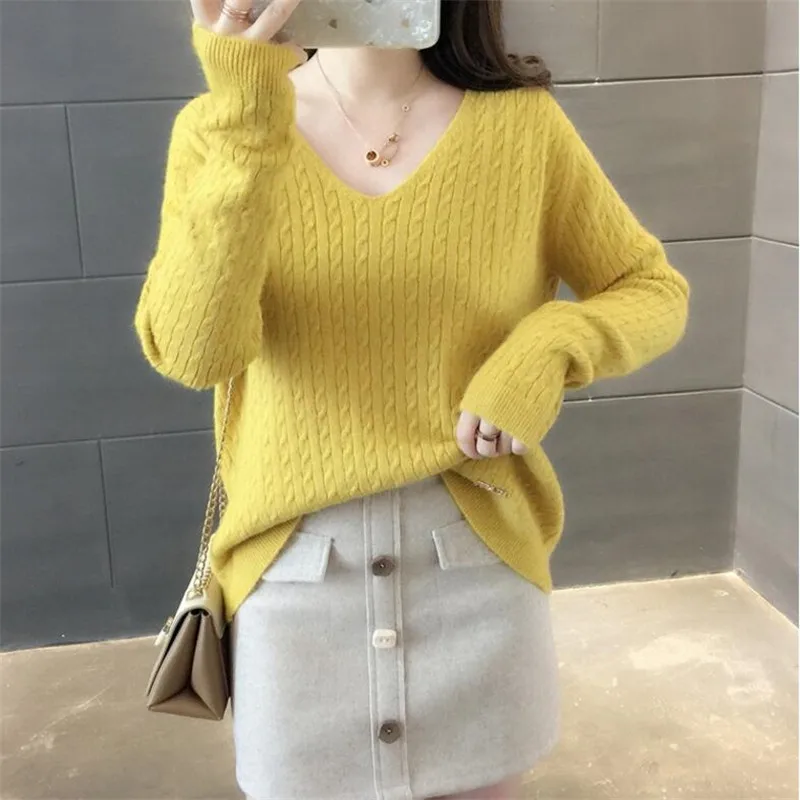 Свитер женский однотонный с V-образным вырезом и длинными рукавами весна 2021 |