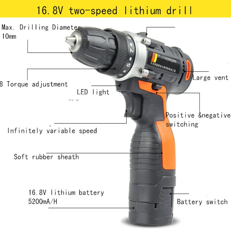 16.8V Two speed 12V 16,8 V 24V Аккумуляторная дрель электрическая Аккумулятор для сверла отвертка вращающихся инструментов для деревообработки Parafusadeira taladro - Цвет: 16.8V Two speed