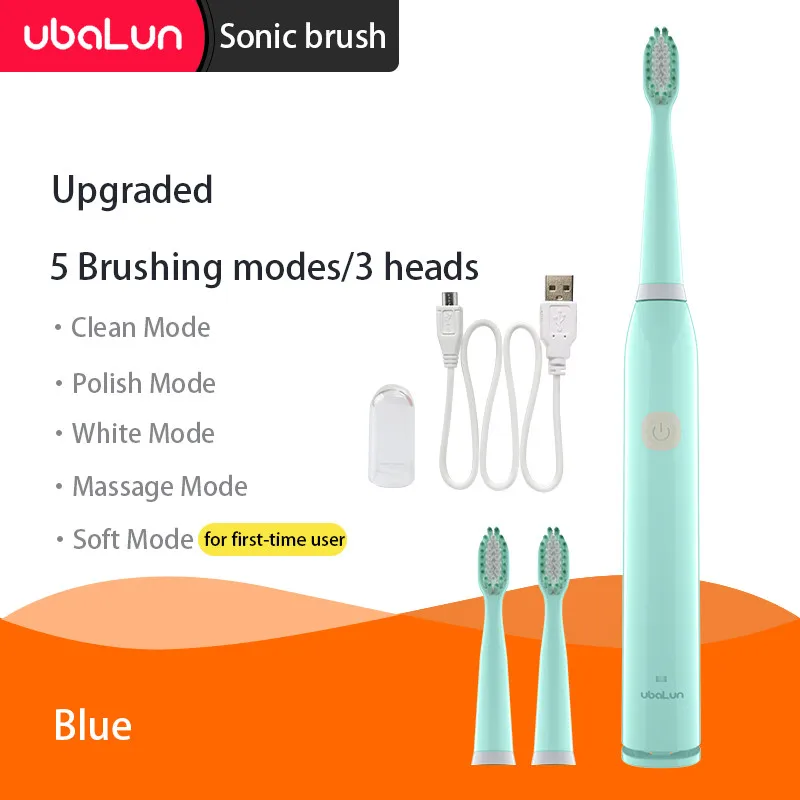 Blue 5 modes 3 heads UBALUN Электрический Зубная щётка 5 режимов зубная щетка электрическая перезарядки зубные электрическая щетка 8 сменная насадка для Sonic Зубная щётка - Цвет: Blue 5 modes 3 heads