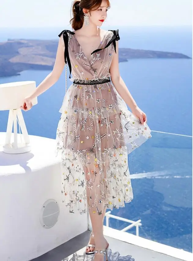

High Quality 2019 Summer New Arrival V Collar Flower Embroidery Beads Gauze Woman Long Beach Dress