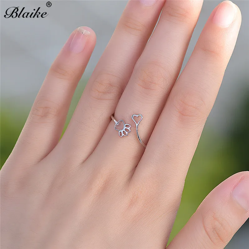 Blaike 925 Sterling Silver Ring Cat Bear Dog Paw Rings For Women Minimalist Cute Animal Claws Heart Thin Ring Fine Jewelry