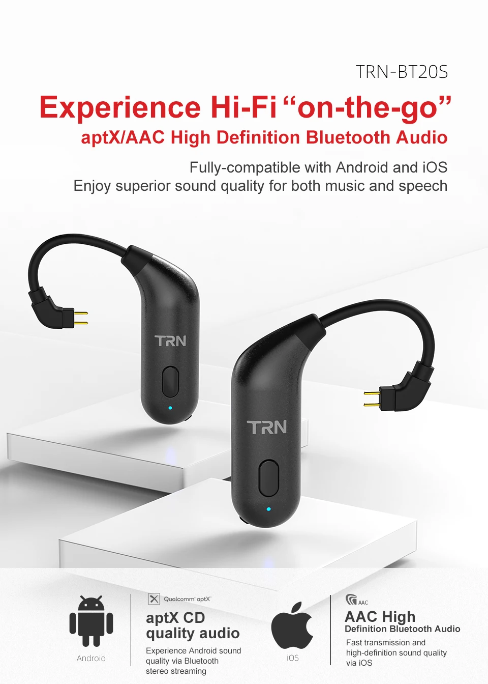 TRN BT20S Aptx/AAC Apt-x Bluetooth 5,0 ушной крючок MMCX/2Pin наушники Bluetooth адаптер для SE535 KZZSN/ZS10/AS16 TRN X6 NICEHCK F3