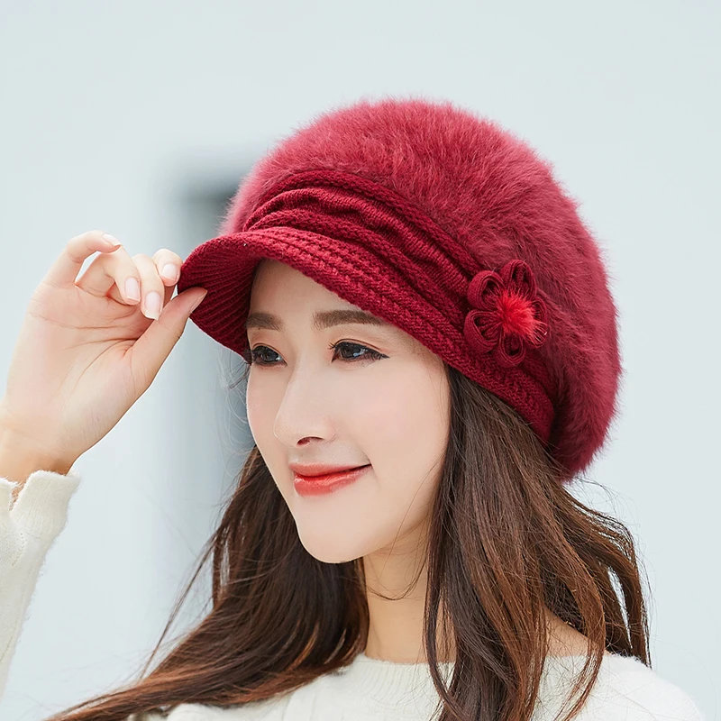 warm Girl Winter Autumn beret hat for women Wool knitted mom Rabbit fur solid fashion lady cap fall Female | Аксессуары для одежды