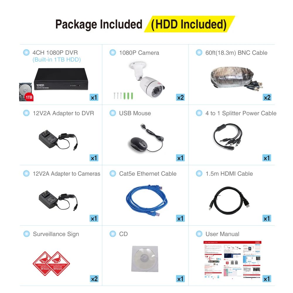 Tonton 1080P HDMI DVR FULL HD внешний штатив 4 канала CCTV видеорегистратор комплект 2PCS 2MP Camera Set 1