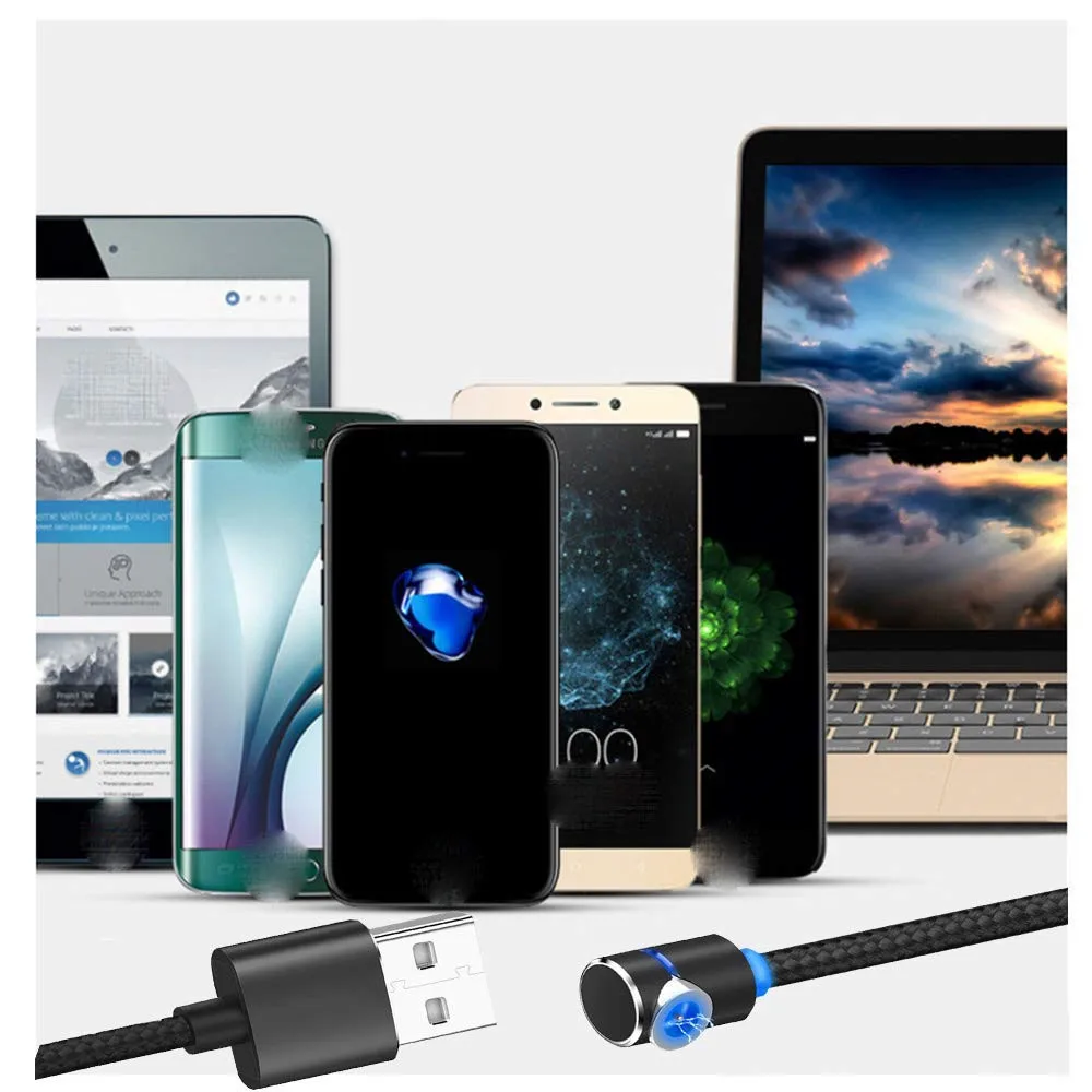 Магнитный USB кабель для зарядки 90 градусов игровой светодиодный свет IOS & Micro Type C