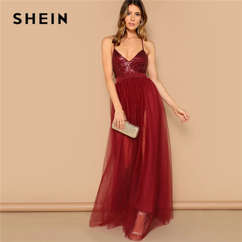 SHEIN Сексуальное Платье С Блестками И Открытой Спиной Нарядное Вечернее Платье Без Рукавов