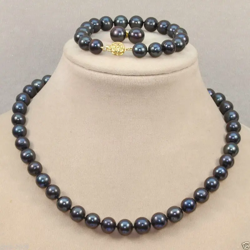 Женская мода 8 9 мм Натуральный Черный shell Жемчужное Ожерелье Браслет Серьги