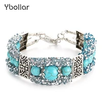 vintage turquoises bracelets for women round beads antique silver color leaf pendant cuff bangles fashion bohemian jewelry gift