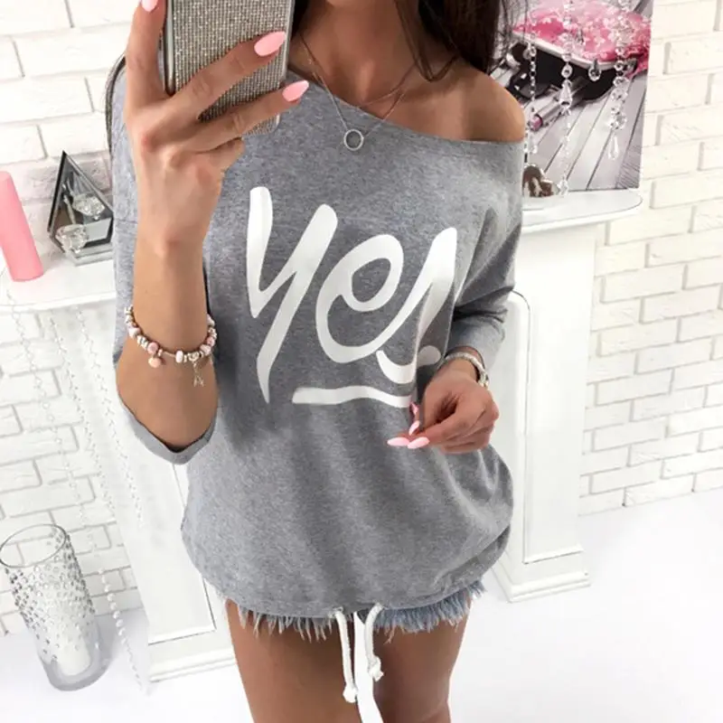 Женская футболка, осенняя, с принтом букв, Blusas, модные, с открытыми плечами, топы, 3/4 рукав, свободная футболка, женская футболка, WS2198C - Цвет: Серый