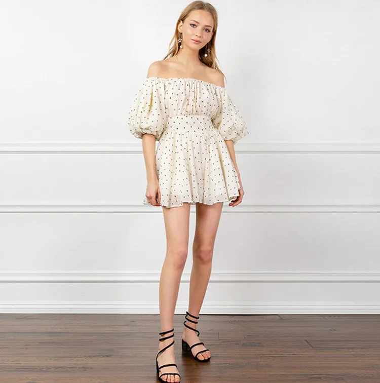Платье летний скатный воротник рукав пузыря платье пол - точка мини женское
