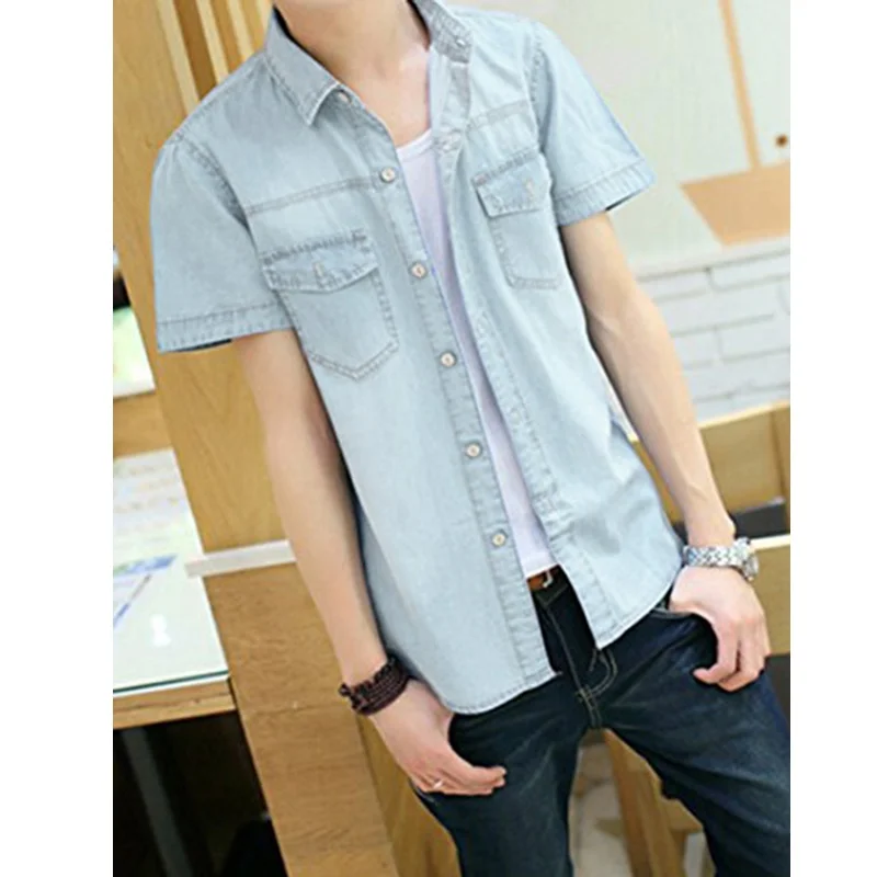 У Новые мужские повседневные короткий рукав джинсовая рубашка роскошные