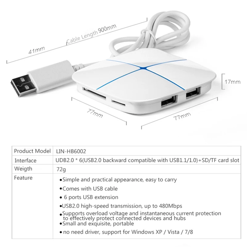 6-портовое 2-слот для карт памяти USB 2,0 концентратор разветвитель, карты памяти SD/TF кард-ридер для настольного компьютера/ноутбука Поддержка цифровой Камера/принтер/флеш-накопитель
