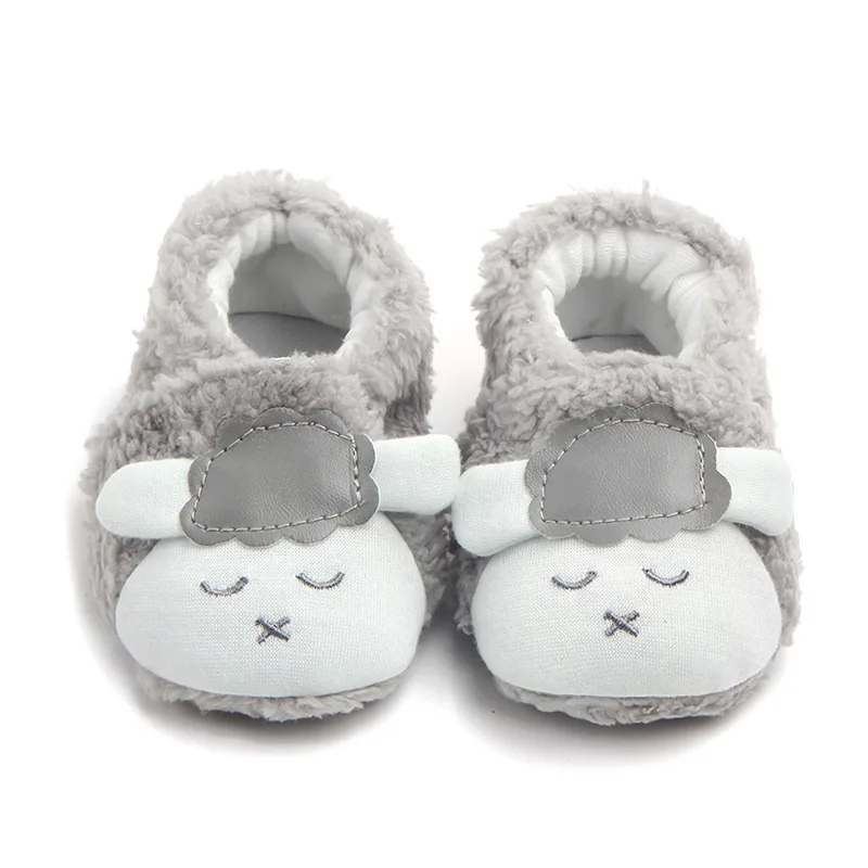 grey Keep Warm Winter coral velvet shoes cute cartoon sheep prewalker with soft bottom - Цвет: grey