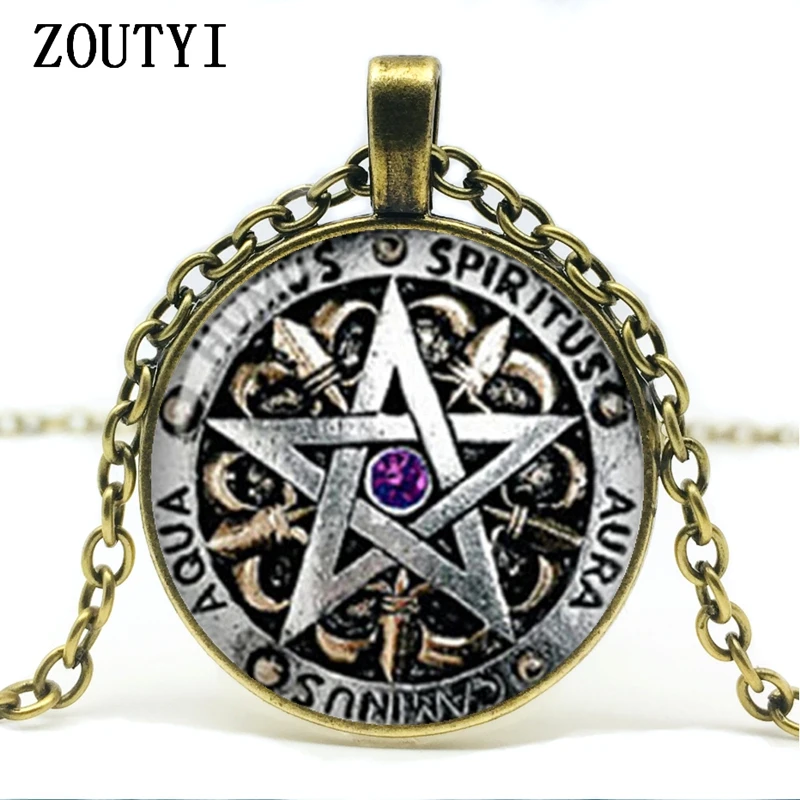 /Паровая Панк Мода Wiccan ожерелье Черная магия языческая пентаграмма кулон Круглый купол стеклянный подарок Женская Мужская цепь