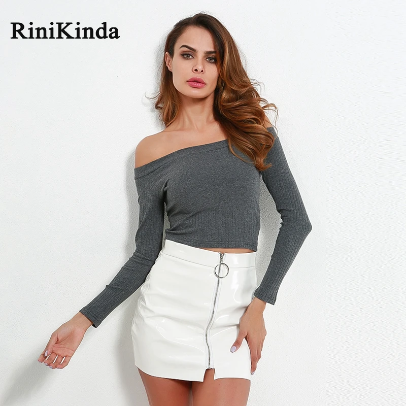 Dinikinda хит женская футболка с вырезом лодочкой длинным рукавом однотонная