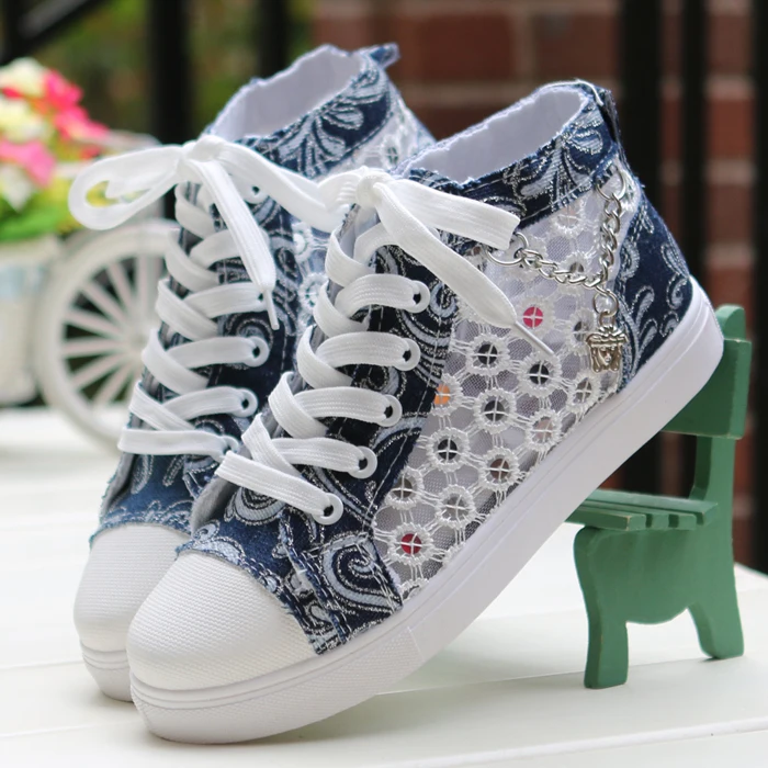 Кроссовки женские из денима на шнуровке сетчатые дышащие с круглым носком