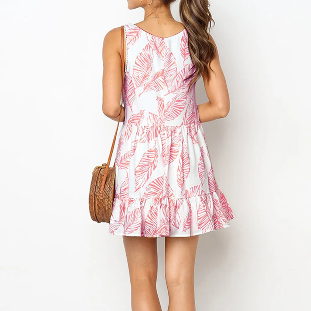 Женское мини-платье без рукавов винтажное платье с принтом в виде листиков и