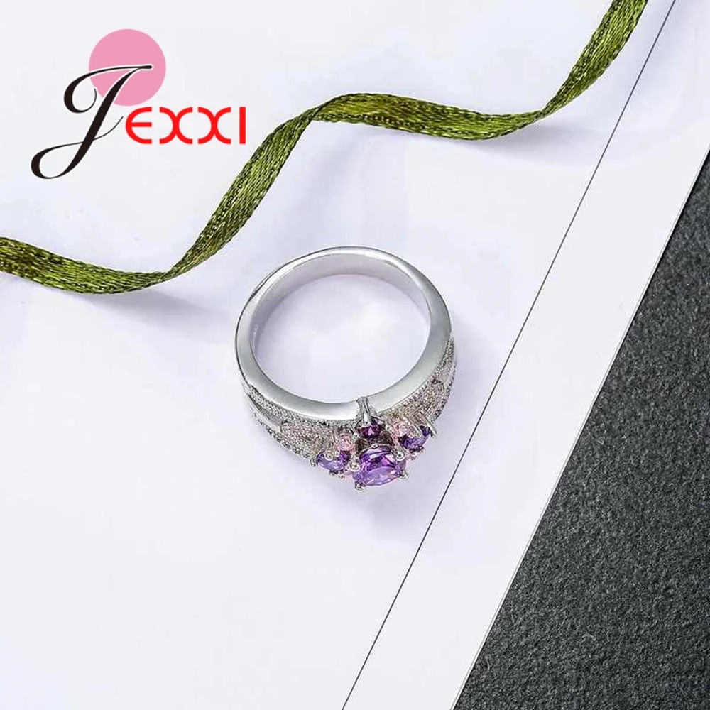 Модные Розовые и фиолетовые кольца на палец с кристаллами CZ цветком из